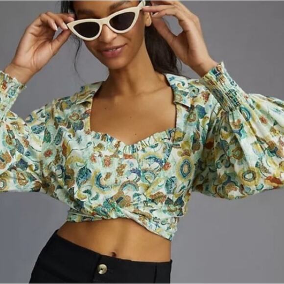 Anthropologie Tops - Anthropologie Crop Top 2 Piece Set Womens Large Green Floral Cotton Resort Wear
